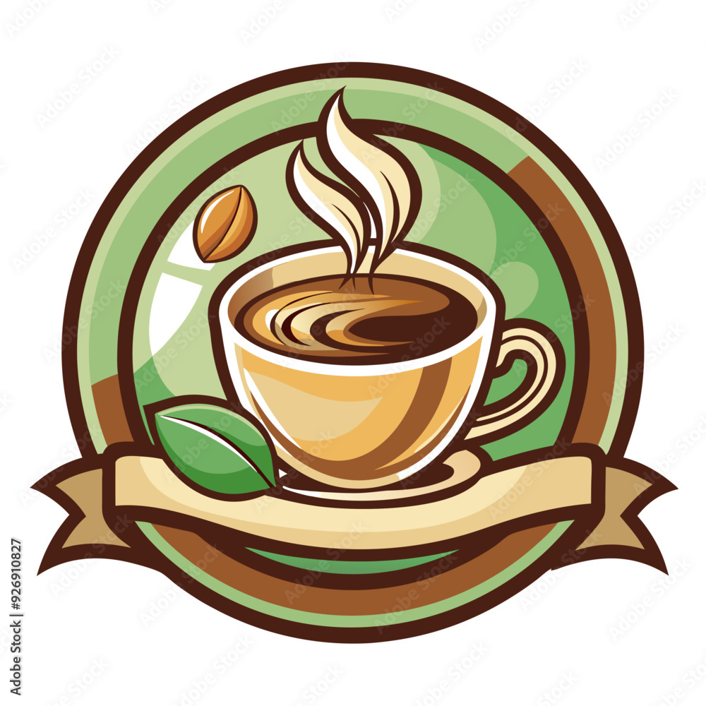 Obraz premium Steaming Cup of Coffee with Bean and Leaves in a Circular Frame