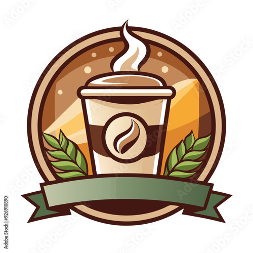 Coffee Cup with Steam and Leaves in Circular Frame with Ribbon