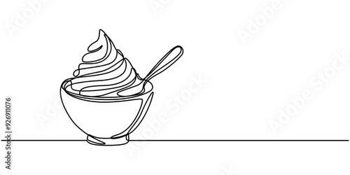 Whipped cream in a bowl in continuous one line art style. Simple vector illustration, Whiping cream in a bowl in continuous one line art style. Concept of cooking, baking. Simple vector illustration
