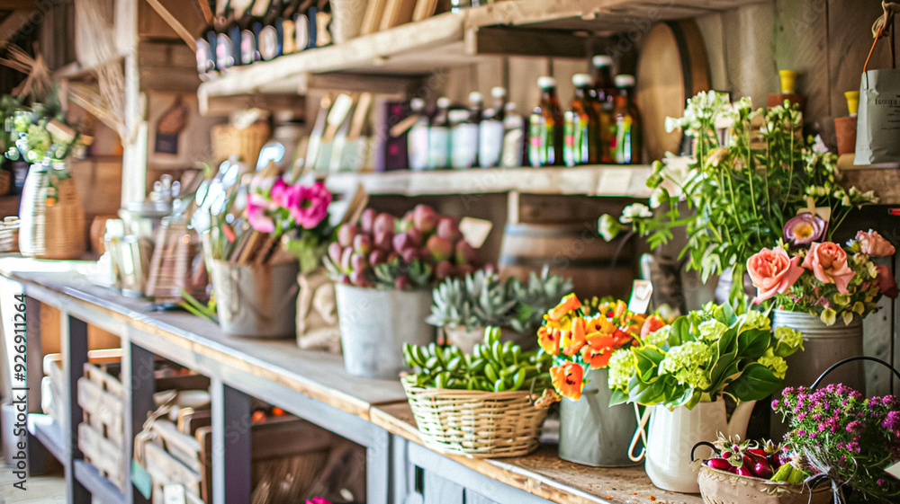 Details and products on shelves in the English counryside farm shop, small business, country style design Details and products on shelves in the English counryside farm shop, small business, country style design
