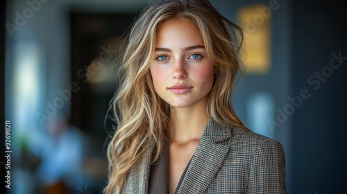 Wallpaper Mural Young businesswoman with long blonde hair is posing in a modern office building Torontodigital.ca