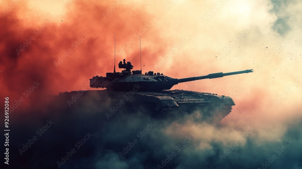 Fototapeta premium Tank Breaks Through Smoke in Chaotic Battlefield Scene 1