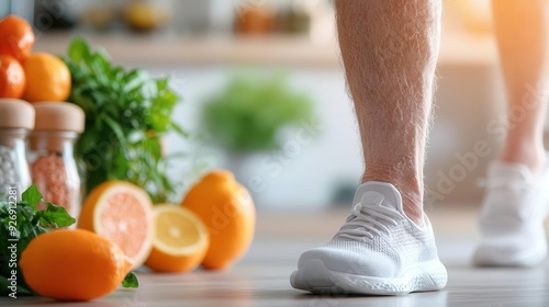 Elderly man performing gentle side leg raises next to a kitchen counter, demonstrating safe, homebased exercises photo