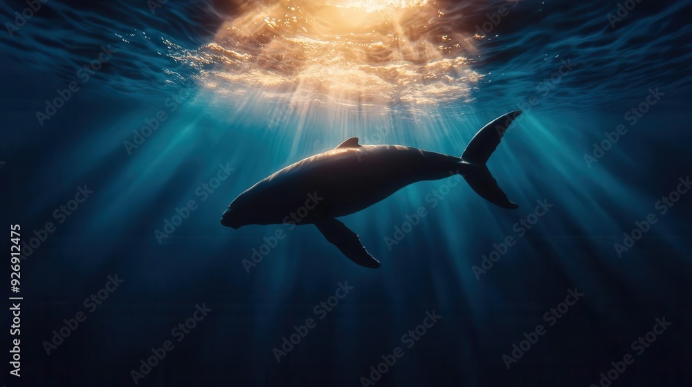 Obraz premium Ghostly silhouette of a whale in the distance, barely visible in the deep blue, creating a haunting and majestic underwater scene