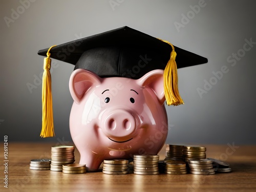 Piggy bank with coins and black graduation cap as a symbol of education loan