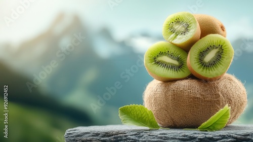 Freshly harvested New Zealand kiwifruits arranged on a stone surface, with a mountainous backdrop, emphasizing the natural beauty of New Zealand photo