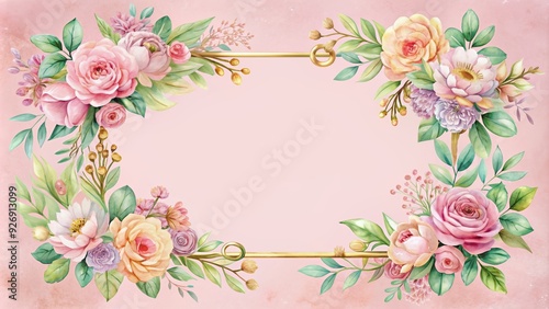 Watercolor floral frame with gold clip arts on soft pastel pink background, watercolor, floral, frame, gold, clip arts, soft