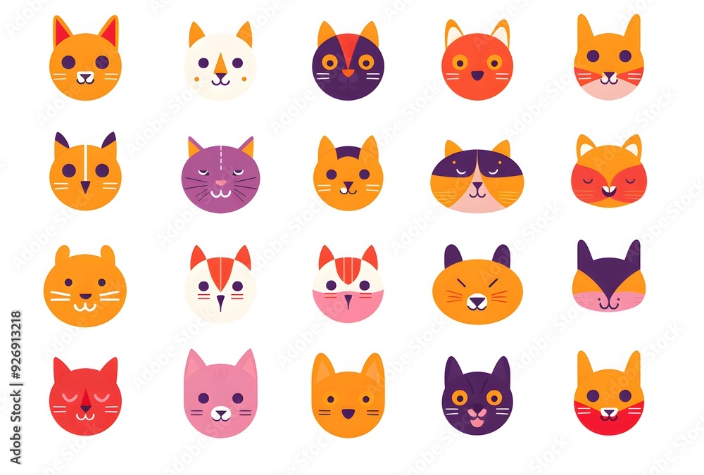 Playful Cat Face Illustrations in Bright Colors, Perfect for Creative and Fun Stationery or Home Decor Playful Cat Face Illustrations in Bright Colors, Perfect for Creative and Fun Stationery or Home Decor
