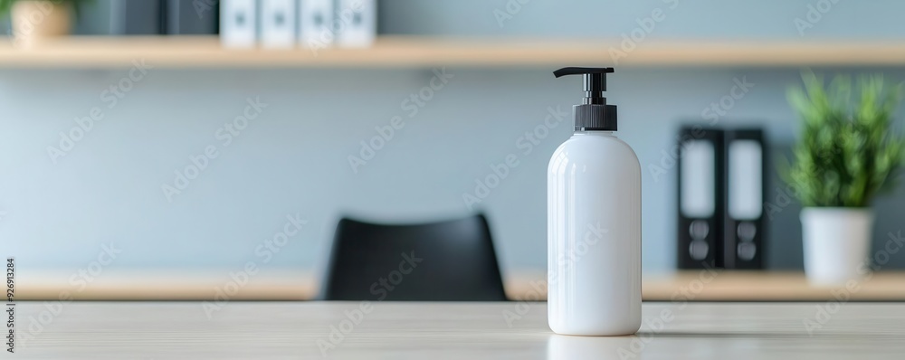 A closeup of disinfectant wipes and hand sanitizer on a desk in a shared workspace, promoting a clean and safe environment A closeup of disinfectant wipes and hand sanitizer on a desk in a shared workspace, promoting a clean and safe environment
