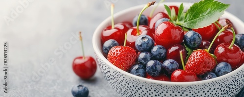 A closeup of a bowl filled with ripe cherries, strawberries, and blueberries, with the sun shining through the leaves