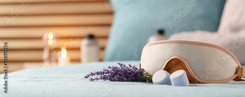 A closeup of a sleep mask, earplugs, and a lavender sachet on a bedside table, symbolizing tools for enhancing sleep quality photo