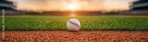 a baseball resting on the field as the sun sets, creating a picturesque and serene sports atmosphere.