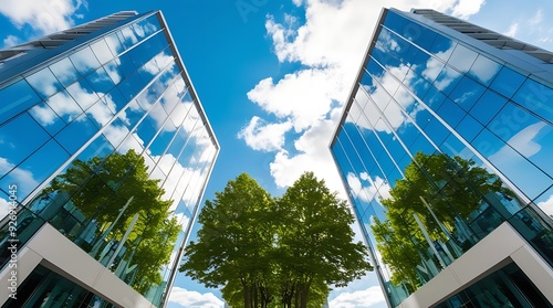 Exemplifying the ESG - Environmental, Social, Governance concept, a corporate glass building facade reflects green trees. Importance of integrating sustainability into business practice 