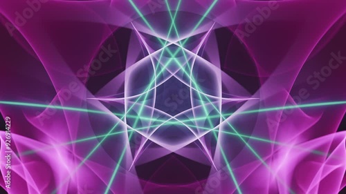 Hyper cyber hallucinogenic snowflake fractal, rotating audio visualizer with pulsating neon purple green retrowave colors, fast beats techno trance vj loop music festival background