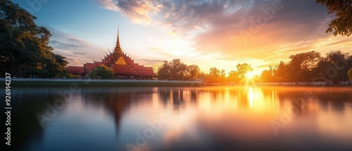 Golden sunset reflecting on calm water with temple silhouette in the distance.