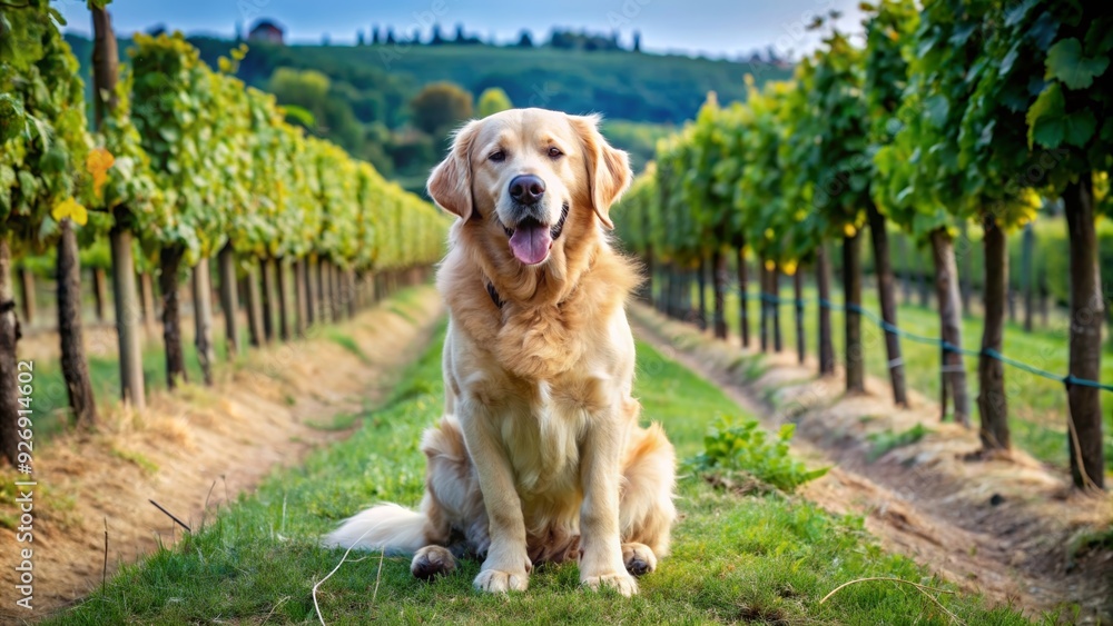 A golden retriever sitting in a vineyard in Tuscany, Italy, Golden retriever, dog, Italy, vineyard, Tuscany, countryside A golden retriever sitting in a vineyard in Tuscany, Italy, Golden retriever, dog, Italy, vineyard, Tuscany, countryside