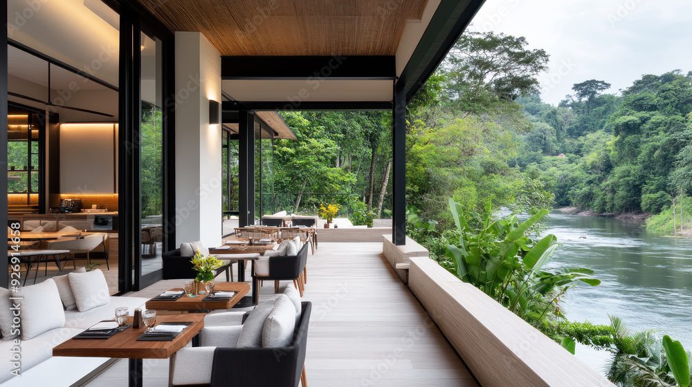 Fototapeta premium A house with outdoor seating areas by lush jungle, nature architecture