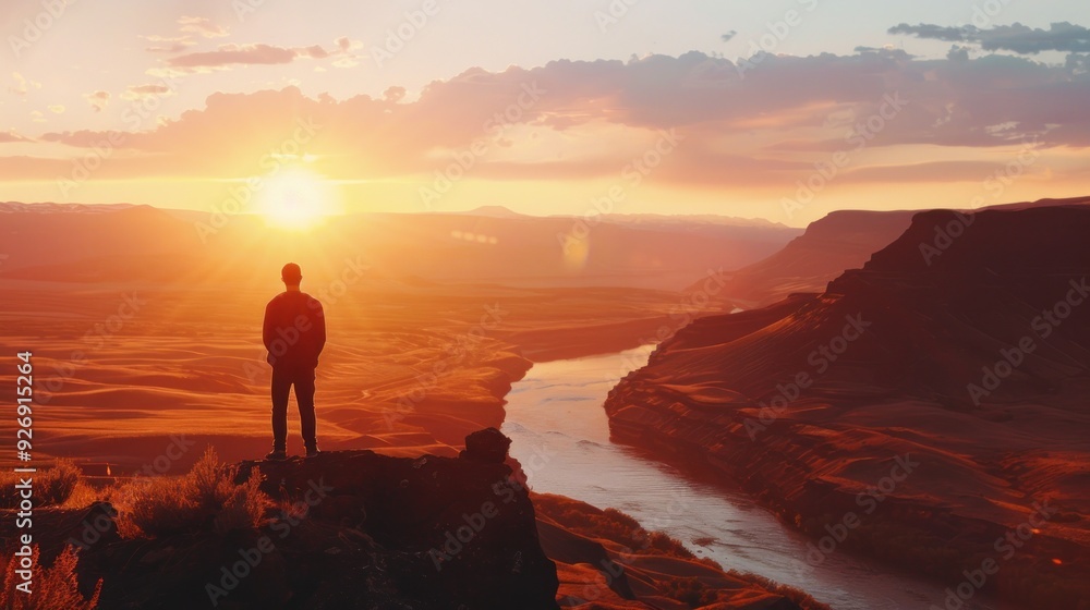 Man Silhouetted Against a Sunset Over a River Man Silhouetted Against a Sunset Over a River