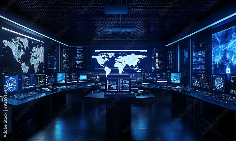 High-Tech Control Room Monitoring Real-Time Encryption Processes and Threat Detection High-Tech Control Room Monitoring Real-Time Encryption Processes and Threat Detection