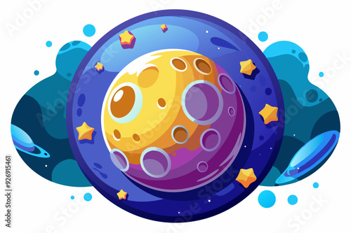 Cartoon Illustration of a Yellow Planet with Purple and Blue Accents in Space