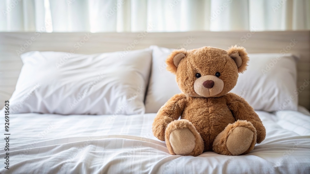 Brown teddy bear sitting on top of a cozy bed , teddy bear, brown, plush, bed, room, indoors, comfortable, cute, stuffed animal Brown teddy bear sitting on top of a cozy bed , teddy bear, brown, plush, bed, room, indoors, comfortable, cute, stuffed animal