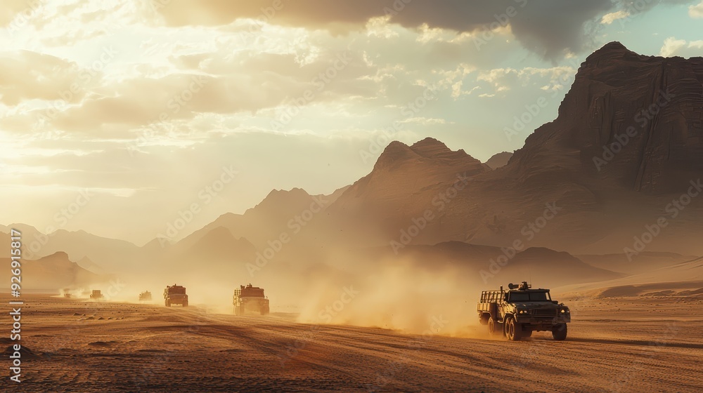 A convoy of vehicles travels through dusty desert landscape, evoking sense of adventure and exploration. warm light of setting sun casts dramatic shadows on mountains. A convoy of vehicles travels through dusty desert landscape, evoking sense of adventure and exploration. warm light of setting sun casts dramatic shadows on mountains.