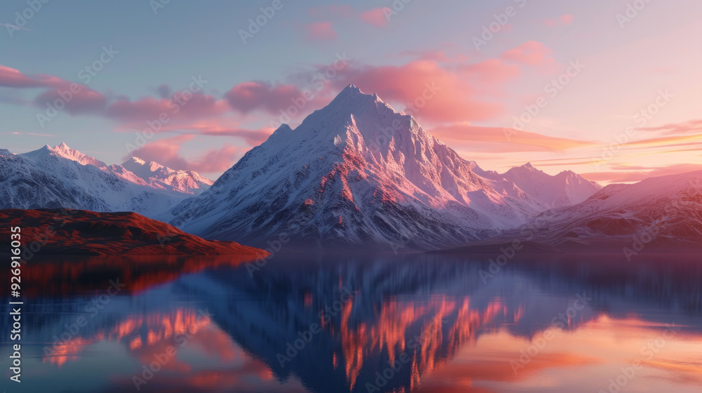Purple coloring snowy mountain peak reflecting in calm water at sunset Purple coloring snowy mountain peak reflecting in calm water at sunset