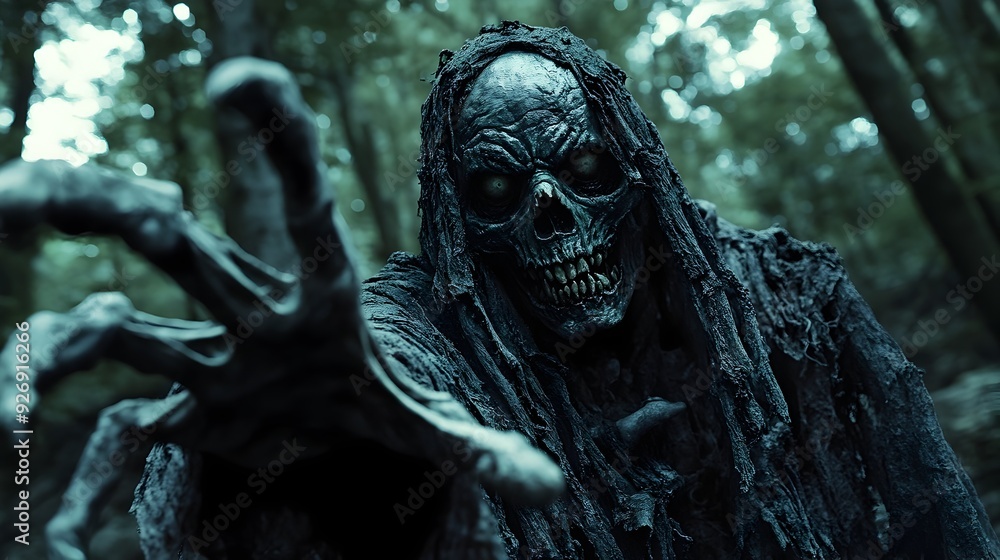 Obraz premium Ominous Grim Reaper Looming in Haunting Moonlit Forest Landscape