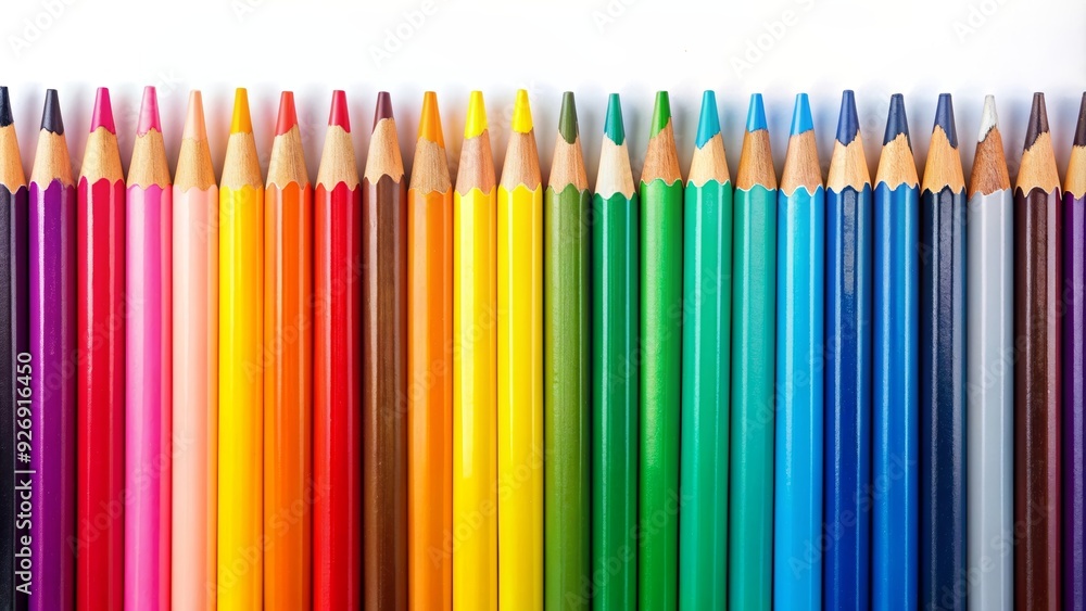 Colorful pens and pencils neatly lined up in a row , stationery, writing utensils, school supplies Colorful pens and pencils neatly lined up in a row , stationery, writing utensils, school supplies
