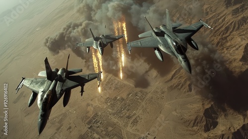 Three military fighter jets flying in formation, showcasing power and precision in dramatic aerial scene. image conveys sense of action and intensity. 