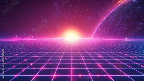 Retro Futuristic Grid with Rising Sun
