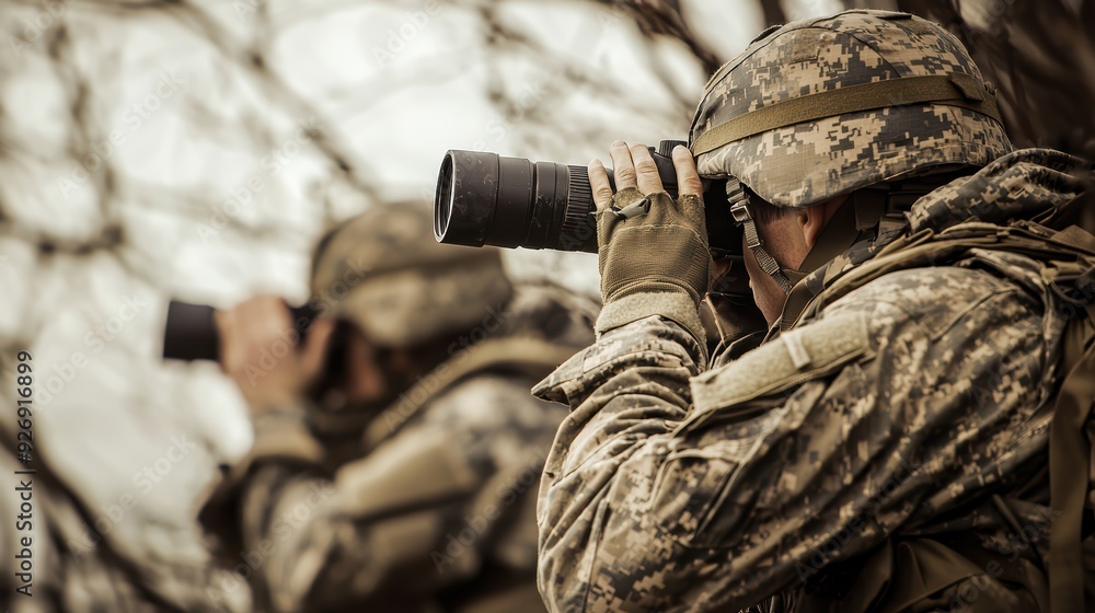 Fototapeta premium Two soldiers photographing military photography camouflage uniforms focused expression outdoor setting 