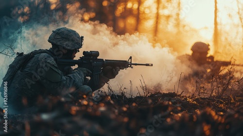 A soldier in camouflage aims rifle amidst smoke and sunset, conveying focus and determination. 