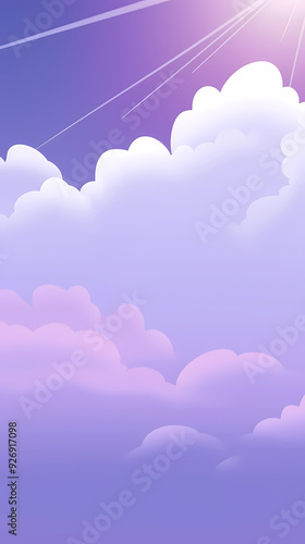 Evening cloudy sky purple. Anime style background with shining sun and white fluffy clouds. Sunny day sky scene cartoon vector illustration.