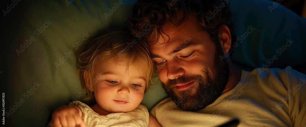 Father And Daughter Using A Tablet, Their Heads Close As They Explore A New Digital World Father And Daughter Using A Tablet, Their Heads Close As They Explore A New Digital World