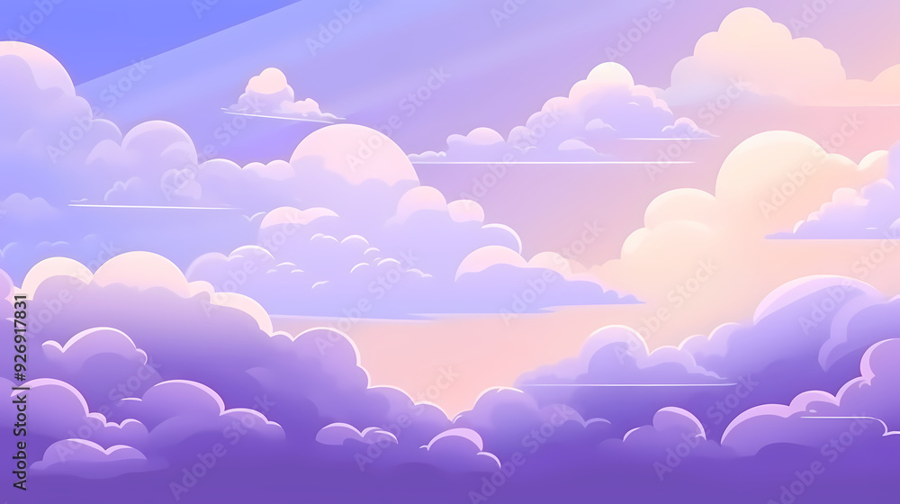 Evening cloudy sky purple. Anime style background with shining sun and white fluffy clouds. Sunny day sky scene cartoon vector illustration. Evening cloudy sky purple. Anime style background with shining sun and white fluffy clouds. Sunny day sky scene cartoon vector illustration.