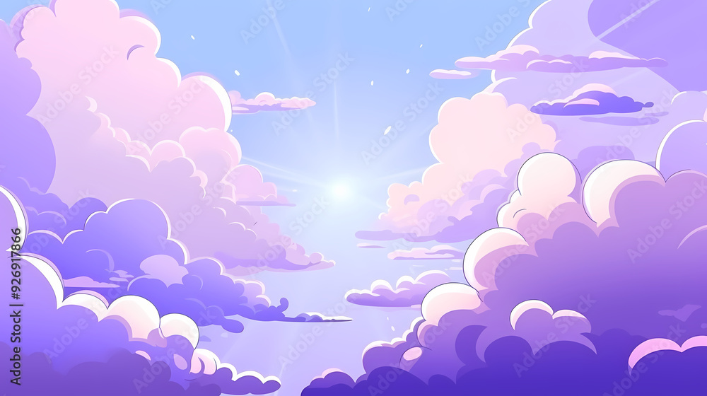 Evening cloudy sky purple. Anime style background with shining sun and white fluffy clouds. Sunny day sky scene cartoon vector illustration. Evening cloudy sky purple. Anime style background with shining sun and white fluffy clouds. Sunny day sky scene cartoon vector illustration.
