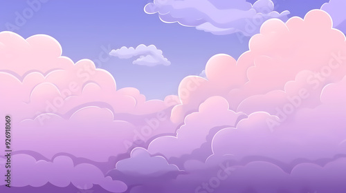 Evening cloudy sky purple. Anime style background with shining sun and white fluffy clouds. Sunny day sky scene cartoon vector illustration.