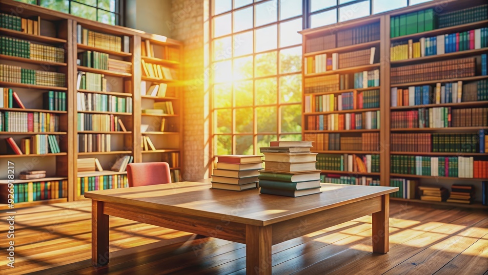 Sunlit library interior with wooden table and stack of books, colorful book shelves in background, library Sunlit library interior with wooden table and stack of books, colorful book shelves in background, library