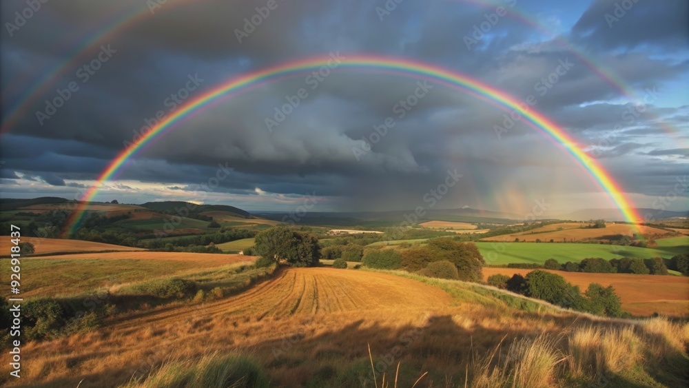 Obraz premium A double rainbow over a lush landscape after a storm, symbolizing hope and renewal, calm, storm, double rainbow, vibrant, landscape