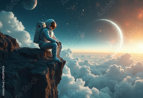 Fototapeta Naklejka Na Ścianę i Meble -  A spaceman sitting on the height on the rock and looking at horizon, lost in the space at night.