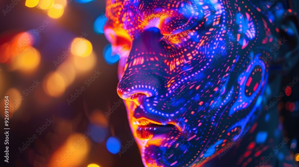 Human figure with glowing patterns and shifting colors Human figure with glowing patterns and shifting colors