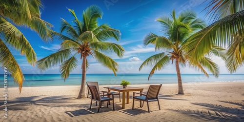 Beach with palm trees and a table and chairs for relaxing, beach, palm trees, relaxation, tropical, sand, ocean, vacation