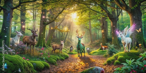 Enchanted forest with mythical creatures in a fantasy realm, fantasy, realm, enchanted, forest, mythical, creatures, unicorn