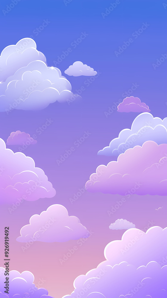 Evening cloudy sky purple. Anime style background with shining sun and white fluffy clouds. Sunny day sky scene cartoon vector illustration. Evening cloudy sky purple. Anime style background with shining sun and white fluffy clouds. Sunny day sky scene cartoon vector illustration.