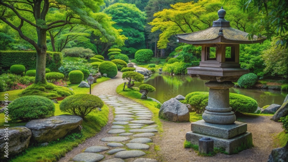 Tranquil Japanese garden with a stone lantern, lush greenery, and a winding pathway, zen, peaceful, serene Tranquil Japanese garden with a stone lantern, lush greenery, and a winding pathway, zen, peaceful, serene