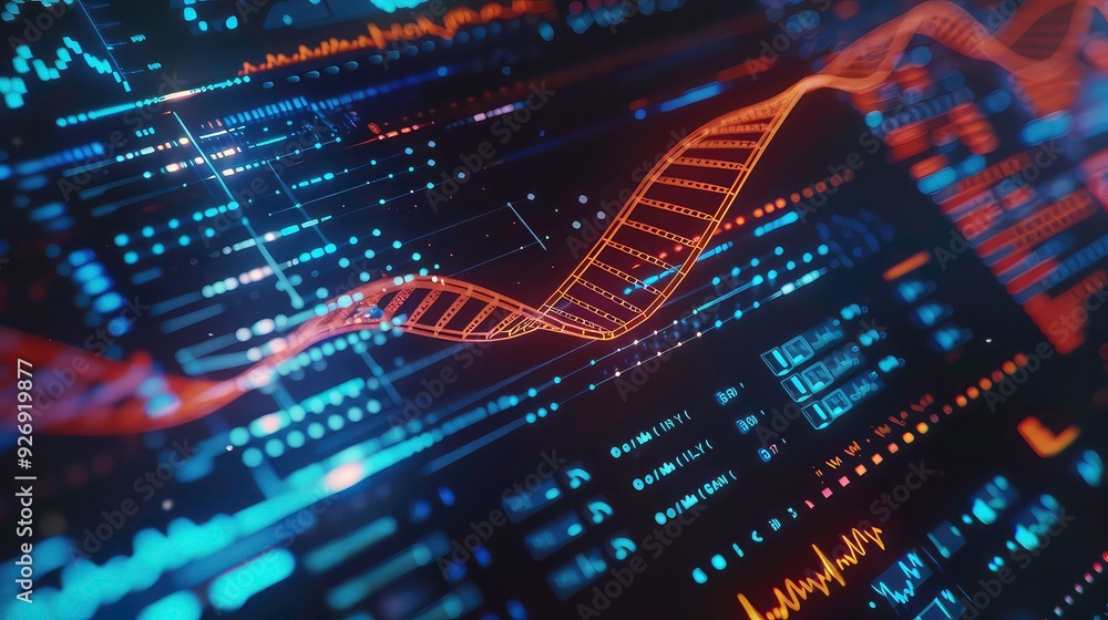 A close-up of a digital screen displaying a glowing orange DNA strand. The screen is filled with blue and purple lights, creating a futuristic aesthetic. A close-up of a digital screen displaying a glowing orange DNA strand. The screen is filled with blue and purple lights, creating a futuristic aesthetic.
