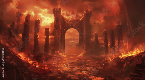 A fiery, dark and ominous scene with a large archway leading into a fiery abyss. Hell gates.