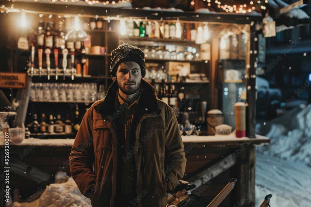 Bartender standing by sled, looking directly at the camera with a focused and engaging expression Bartender standing by sled, looking directly at the camera with a focused and engaging expression