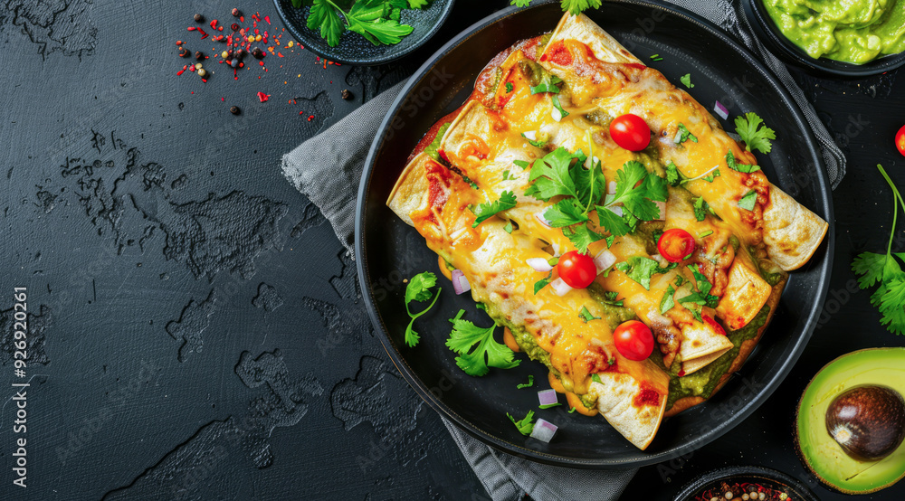 Plate of enchiladas with a side of salsa and guacamole. Wooden table with bowls of various sauces. Plate of enchiladas with a side of salsa and guacamole. Wooden table with bowls of various sauces.